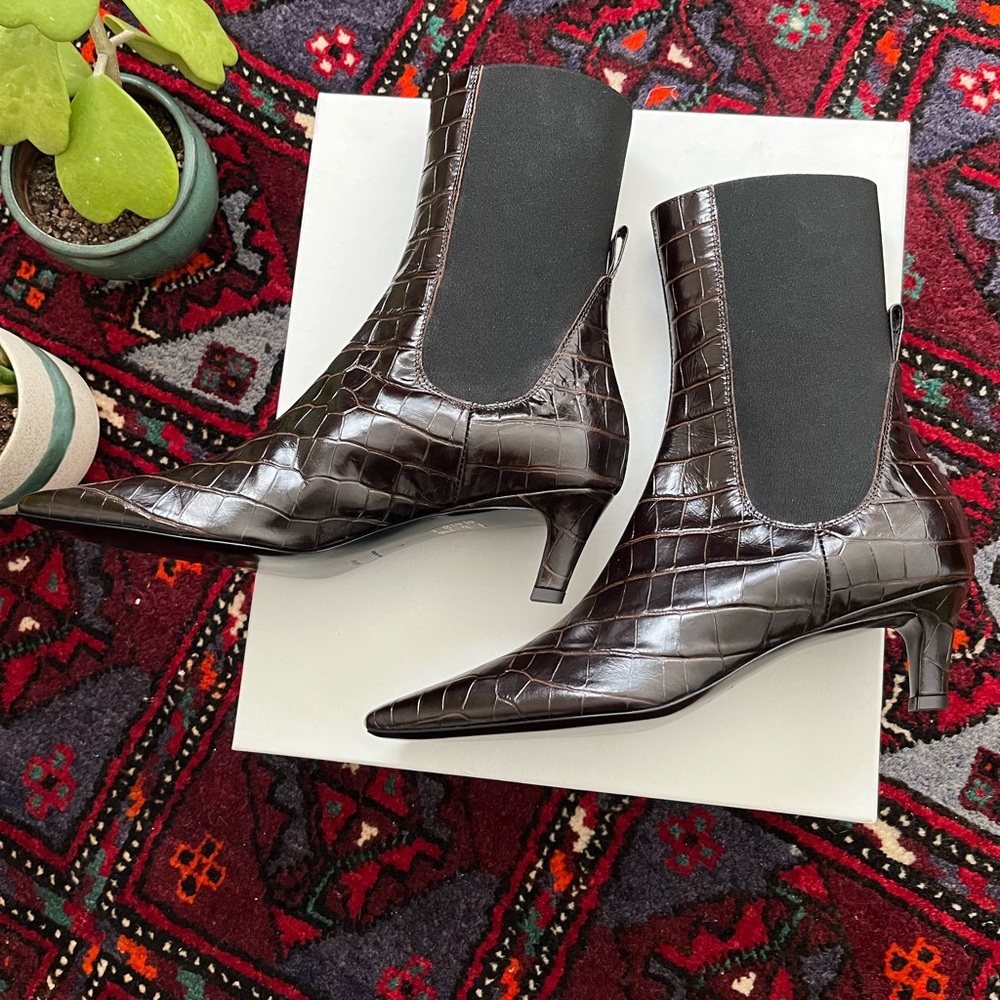 Toteme Dark Brown Crocodile-Embossed Mid-Heel Boots